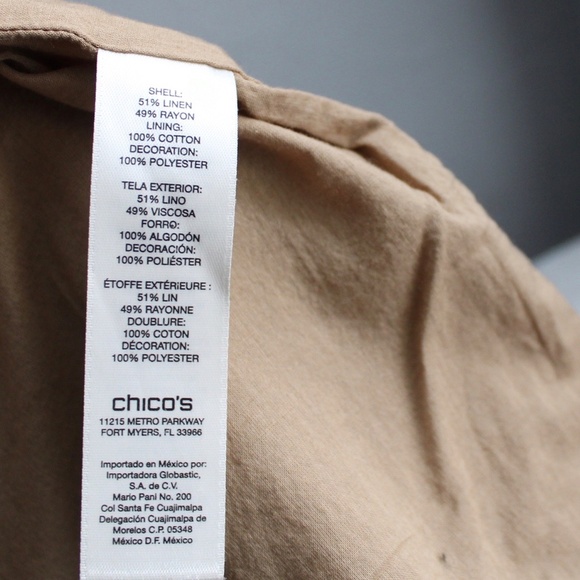 Chico's Embroidered Tan Beaded Embroidered Linen 3/4 Sleeve BlazerJacket Medium - Picture 6 of 9